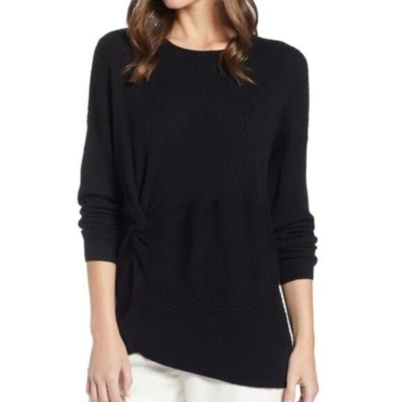 Something Navy Sweaters - Something Navy womens size small black ribbed sweater gather knotted cashmere